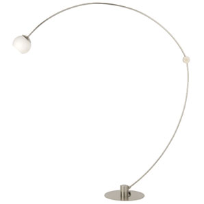 Funky, futuristic floor lamp with a slim, semi-circular brushed metal base and stand and a