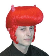 Red extreme Elvis style wig with horns. This wig is a bit OTT , which is great for those who really