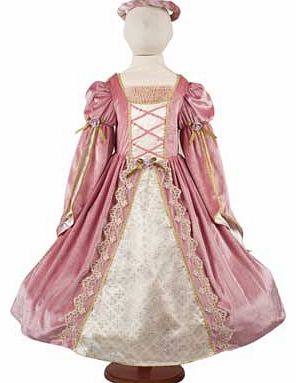 This gorgeous princess dress is made from rich pink velour and is trimmed with gold lace and pink roses. This is made in a sumptuous style that comes with a head garland. gold cape and includes a hooped skirt. Suitable for height 116 to 128cm. For ag