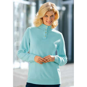 high-neck sweater. long sleeves. double ribbed edging at neckline and button placket with pretty jew