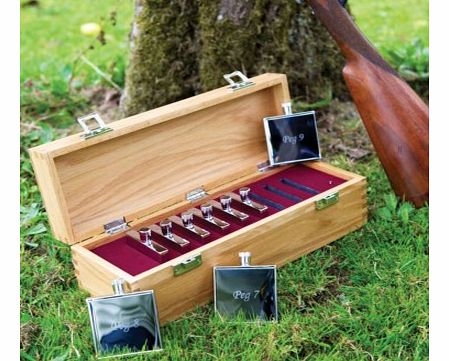 For the man or woman who have everything, this beautiful Hip Flask Peg Draw Set presented in a hand-crafted wooden box could be the perfect gift.The Hip Flask Peg Draw Set box contains 9 hip flasks, each engraved with a peg number so all those who ar