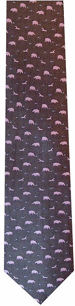 A delighftul tie with little pink hippos on a greyish background, some in the water with their