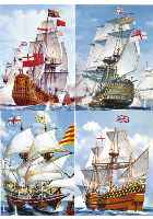Four colourful paintings of ships with colourful histories. Featuring the Mayflower on her