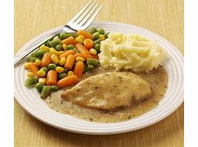 A juicy chicken breast in a delicious honey and mustard sauce. Served with mashed potato, peas, carrots, sweetcorn and green beans.