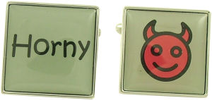 Fun off-white glossy cufflinks with one featuring the text `Horny` and the other a smiling red devil
