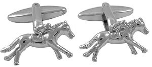 Bright silver coloured cufflinks featuring a jockey and striding horse.