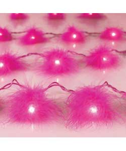 20 pink feather lights on 4.3m of pink cable.Distance to first bulb 1.5m.Mains voltage.Indoor use