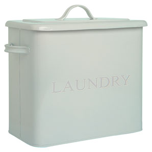 An attractive metal laundry box in green enamel with white rim and labelling