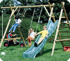 attractive timber swing set that will not take over the garden. Includes 2 wooden seat swings,