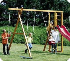 Made from square treated timbers. Includes double swing, ladder and red polymer slide. Ground