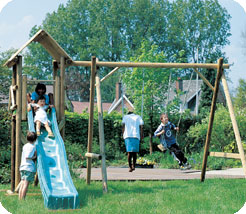 Timber playtower with slide, double swing, climbing wall and rubber tile with 8 ground anchors