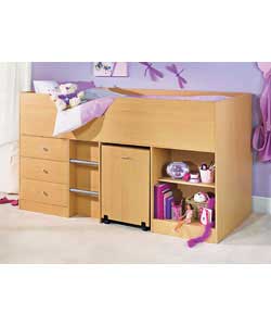 Beech finish with 3 drawers, 2 shelves, pull out desk and built in ladder. Size (W)95, (L)195.6, (H)