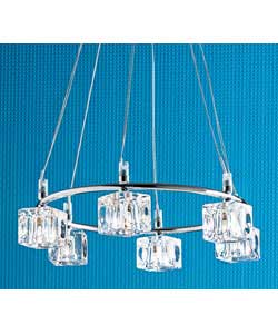 Ice cube 6 way ceiling fitting.Chrome frame with clear glass cube shades.Drop 72cm, diameter
