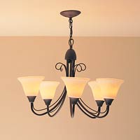 Aged metallic copper finish painted 5 light pendant ceiling light, Scarvo effect bell glass shades,