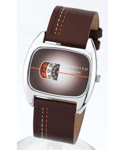 Disc dial display. Genuine brown leather strap. Gift boxed.