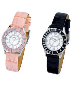 Silver sunray dial. Comes with 2 interchangeable stone-set bezels in pink and black and 2 interchang