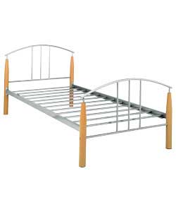 Silver powder coated metal frame with beech effect legs. Metal slats included. Size (W)100.5,
