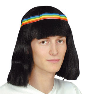 Black straight wig with rainbow coloured band.