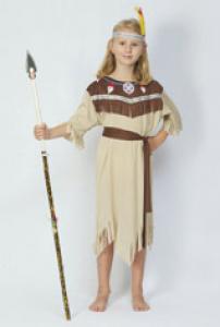 This costume includes a beige coloured dress with frayed edging, brown belt and feathered headband.