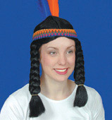Plaited indian squaw wig in black with headband and feathers at the back.