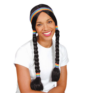 A long black plaited indian squaw wig with rainbow headband detail.