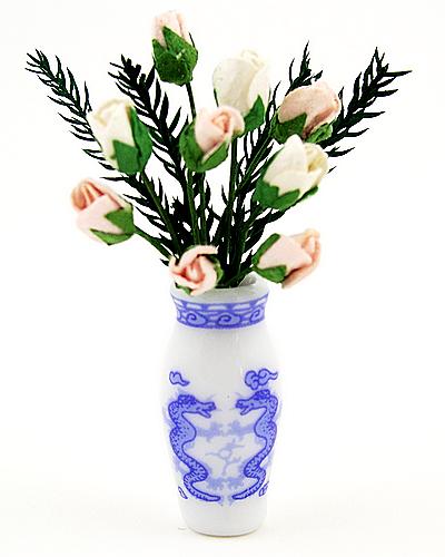 1:12 Scale Pink and White Rosebuds with Fern in a Ming Style Porcelain Vase. By Lucy