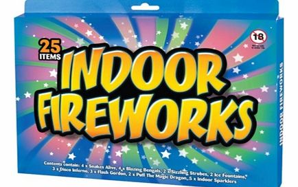 This 25 pack of Indoor Fireworks includes an eclectic mix of 8 varieties of indoor fireworks, enough to make a whole mini fireworks display!Each pack of Retro indoor fireworks contains:4 x Snakes - The original indoor firework4 x Blazing Bengals - Fl