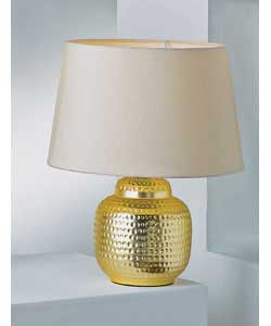 Soft matt gold finish base with a champagne coloured faux silk shade.Height 40cm.Shade diameter 28cm