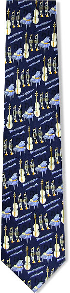 A lovely silk tie featuring many orchestral musical instruments (violin, piano, trumpet 