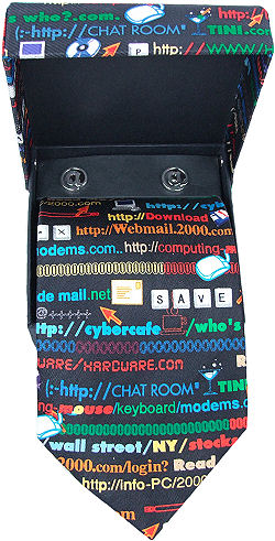 A fun giftset with a black silk tie with colourful internet signs all over and Esc and Ctrl metal cu