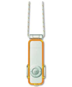 A clear rugged sport case attached to a colourful lanyard keeps your iPod Shuffle safely protected