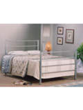 A stylish and contempory metal bed with highhorizontal rails defining the headboard and