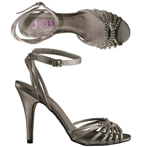 A pretty Satin Party shoe from Jones Bootmaker. With slim ankle strap and working buckle, stone deta