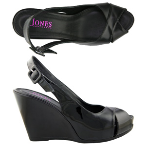 A fashionable Wedge heel Patent shoe from Jones Bootmaker. With peep toe, cross over strap detail to