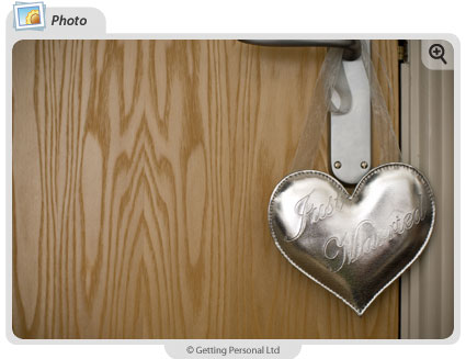 Just Married - Do Not Disturb Door HangerA double sided silver and aqua striped leather door hanger 