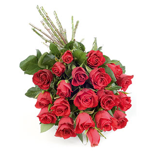 A simple bunch of 20 red roses at 50cm slightly staggered and simply tied.