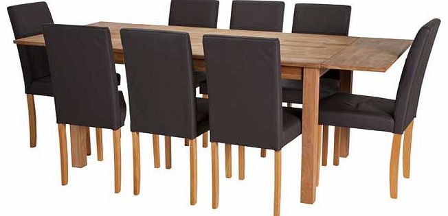 Enjoy dining in style with this Keaton Oak Extendable Table with 8 Real Leather Chairs dining set. With a solid oak table and 8 chairs covered in real leather. this dining set gives your dining room a modern edge. Including a 60cm extension for the t