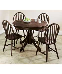 Table Size (L)106, (W)106, (H)74cm.Chair size (W)43, (D)44, (H) 92cm.Mahogany finish solid wood fixe