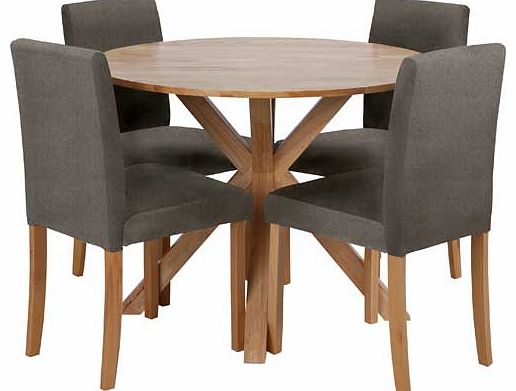 Bring some simple style to your dining room with this Keria table and fabric chairs. The round table is solid wood with an oak veneer finish and the 4 wood frame chairs have an oak stain finish and are upholstered in charcoal fabric. This Keria dinin