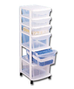 White frame with 3 shallow and 3 deep drawers. Siz
