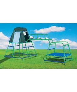 Challenging play set, with 5ft long monkey bar, and connecting small tower with waterproof fabric pl