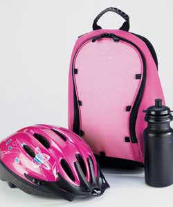 Contains cycle helmet from 54 to 58cm, back pack and water bottle.