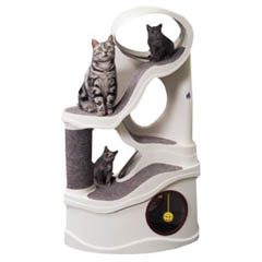 Playtower Jr. includes carpeted ramps and scratching surfaces, catnip toys, and built-in kitty condo