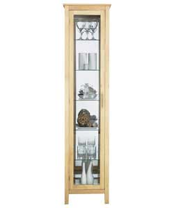 Solid rubberwood (except base) in natural wood finish. 1 glass display door.5 fixed internal