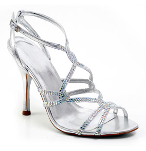 Metallic coloured strappy sandal featuring a high covered heel, diamante encrusted straps and a buck