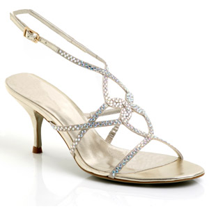 Metallic coloured strappy sandal featuring a medium height, covered heel, diamante encrusted straps 