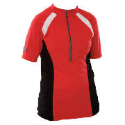 This red and black ladies cycle jersey is made of a high wicking material which helps to prevent the