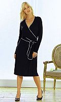 With white piping detail and deep wrap belt. In a