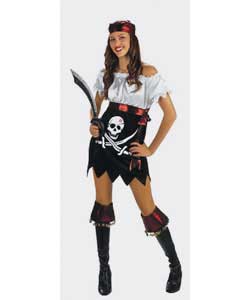 Hot Totties Lady Pirate Costume includes dress, petticoat, boot-covers and bandana.Dress size: 10-12