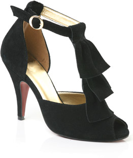 Suede sandal with frill detail on T-Bar and peep toe. The stylish Lafrill sandals have a buckled str